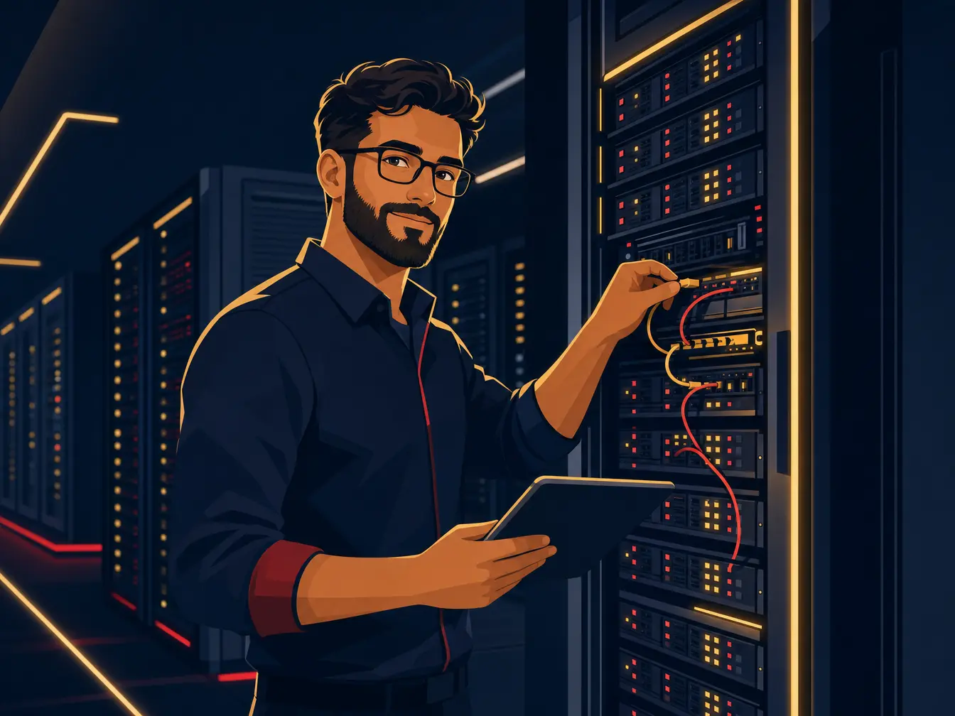Illustration of a Cloud-Aid IT technician working at a server rack in a data center