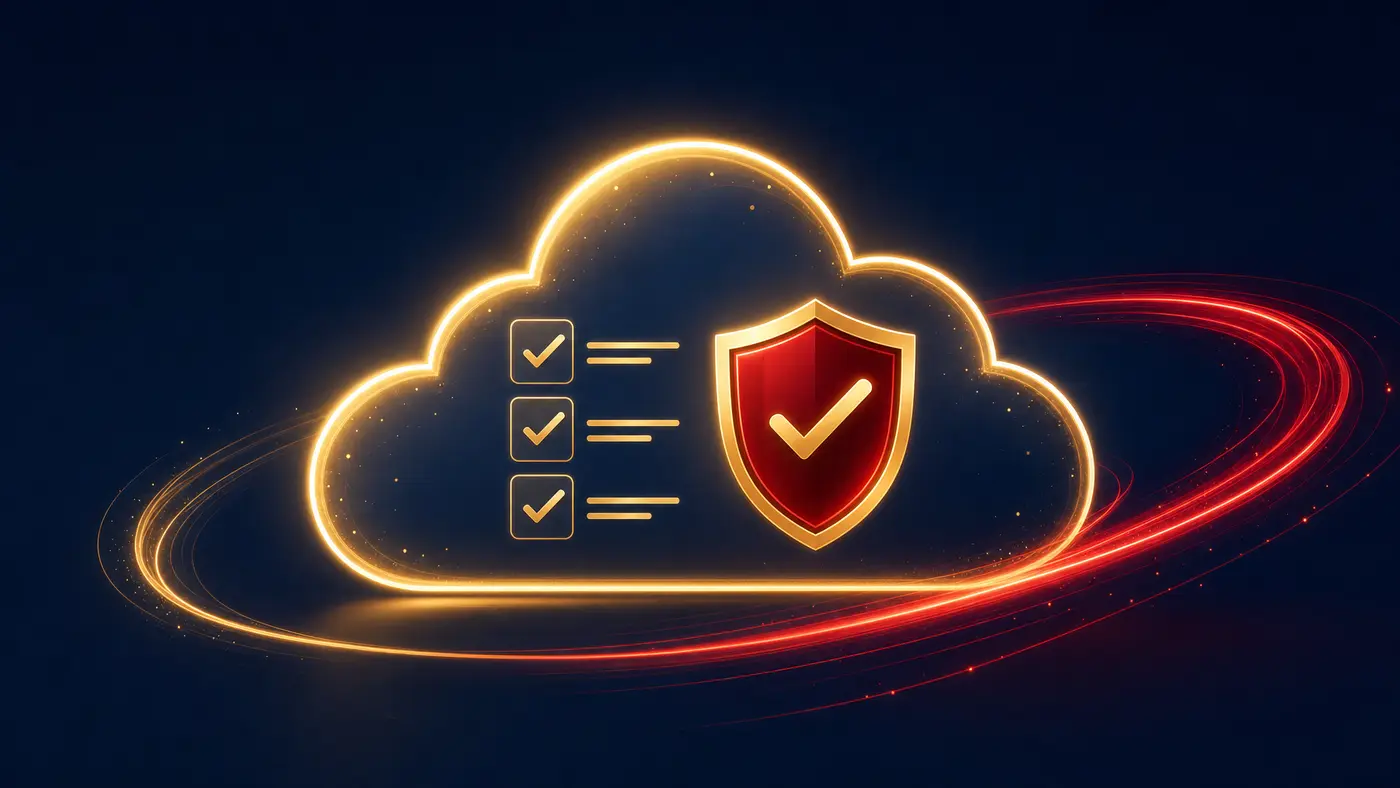 Illustration of a glowing cloud with a checklist and shield icon representing backup and disaster recovery