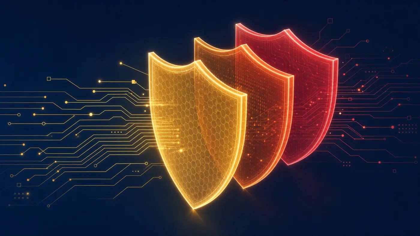 Illustration of three stacked shield layers representing firewall, VPN, and IPS security