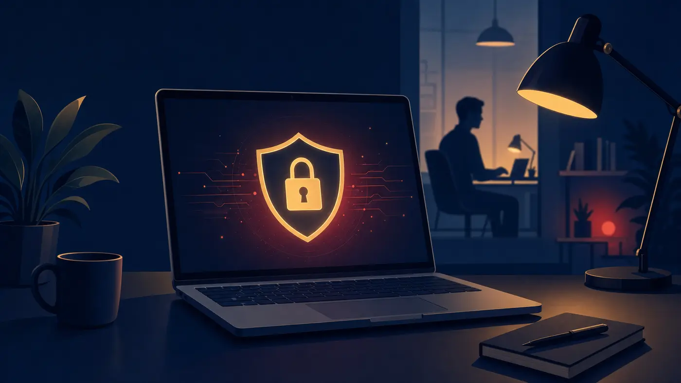 Illustration of a laptop with a glowing shield icon representing remote work security
