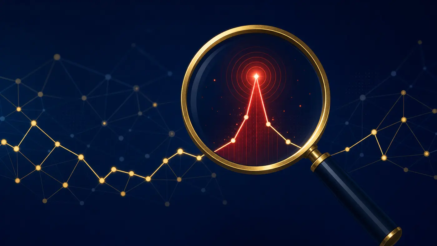 Illustration of a magnifying glass inspecting a network alert graph