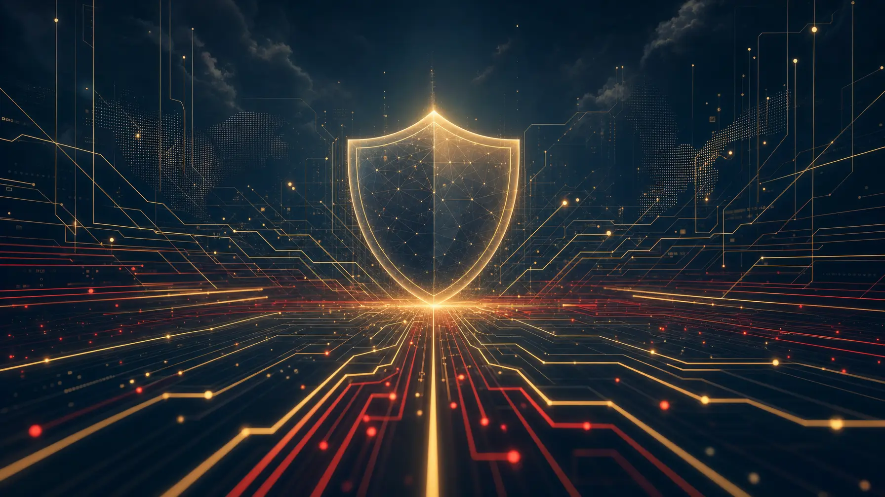 Abstract illustration of a secure IT network with glowing connections, representing Cloud-Aid's cybersecurity and network support services